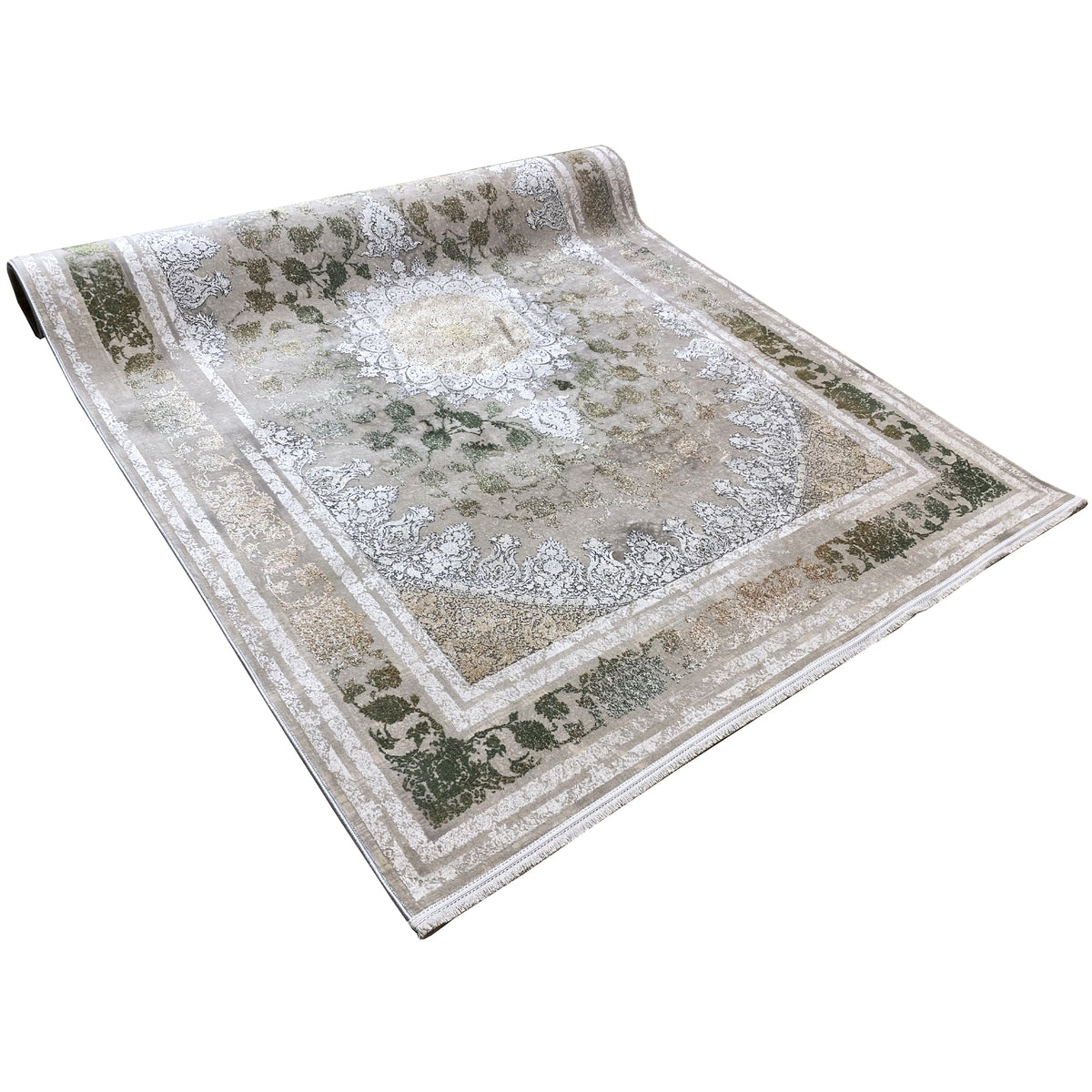 Rechteckiger Teppich mit geprägtem Rahmenmuster in Silber-Grau, Creme und Grün
