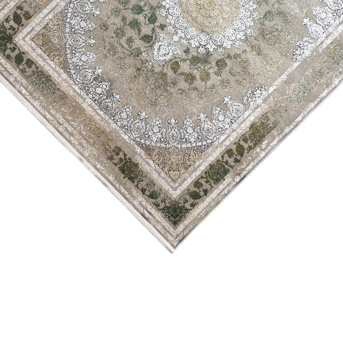 Teppich 170x240 cm mit dekorativem Rahmen und floralen Ornamenten in Grün und Silber