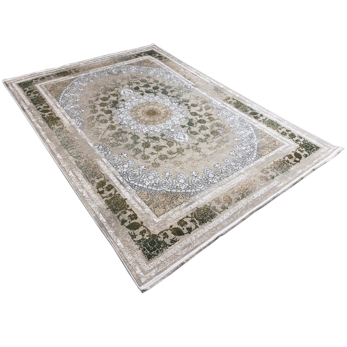 Teppich 170x240 cm, schräg gelegt: zentrales Medaillon, beiger Untergrund, silberner Rand