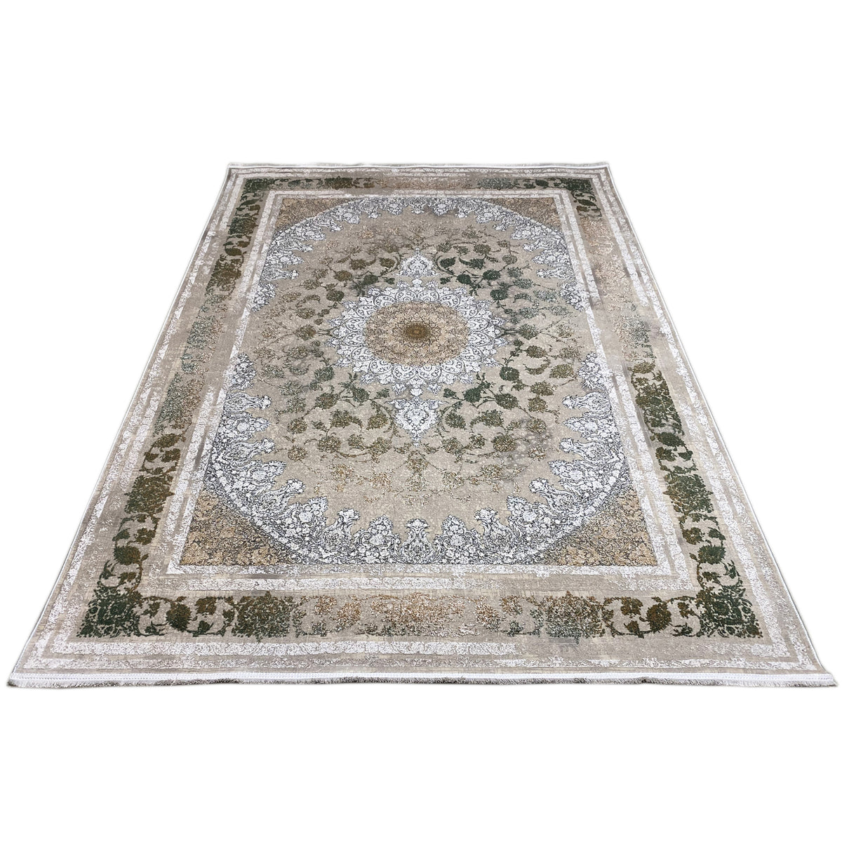 Teppich 170x240 cm mit rundem Zentrum und Pflanzenornamenten in Waldgrün und Silber