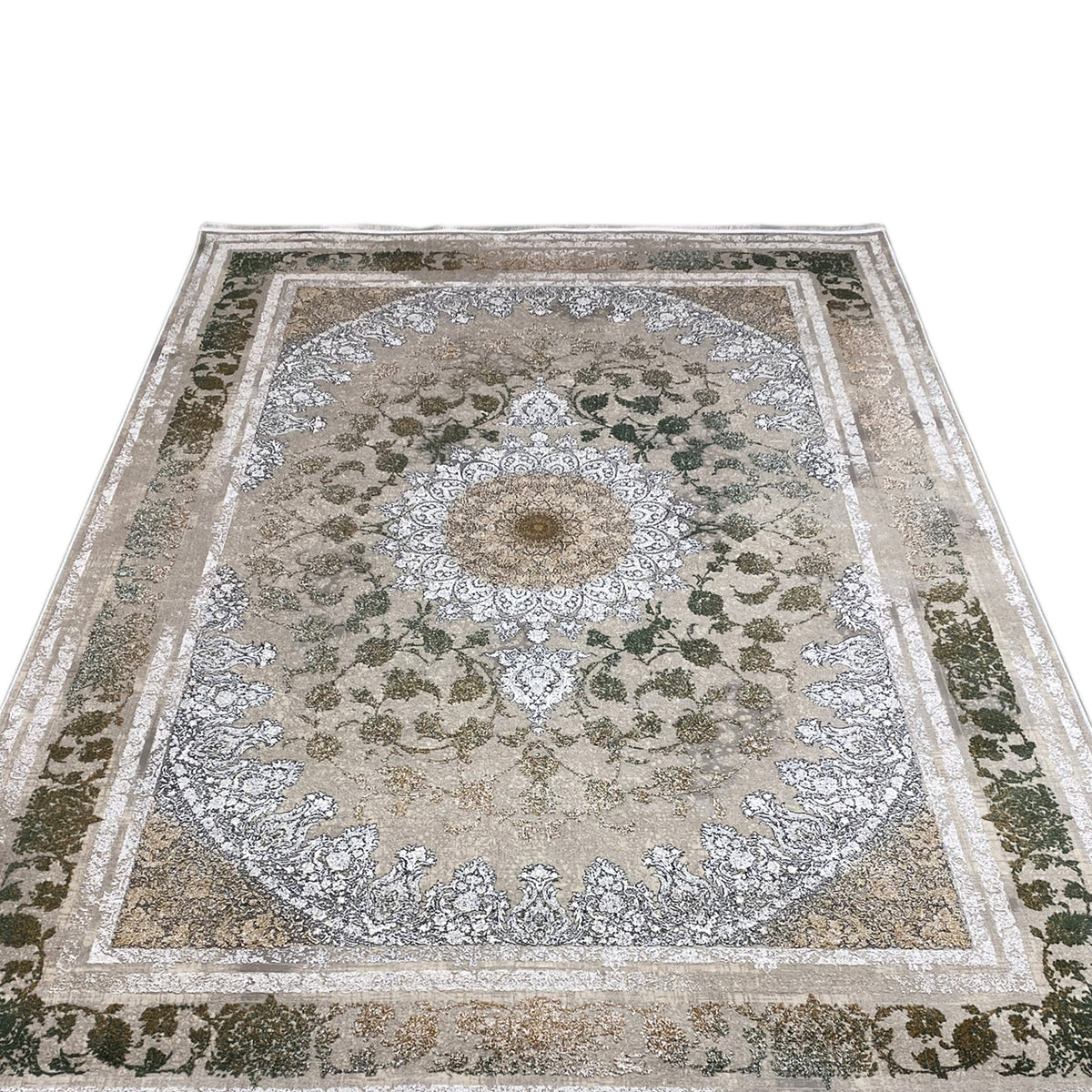 Teppich 170x240 cm, Nahansicht: florale Ornamente, grüne Akzente und silberfarbener Rahmen