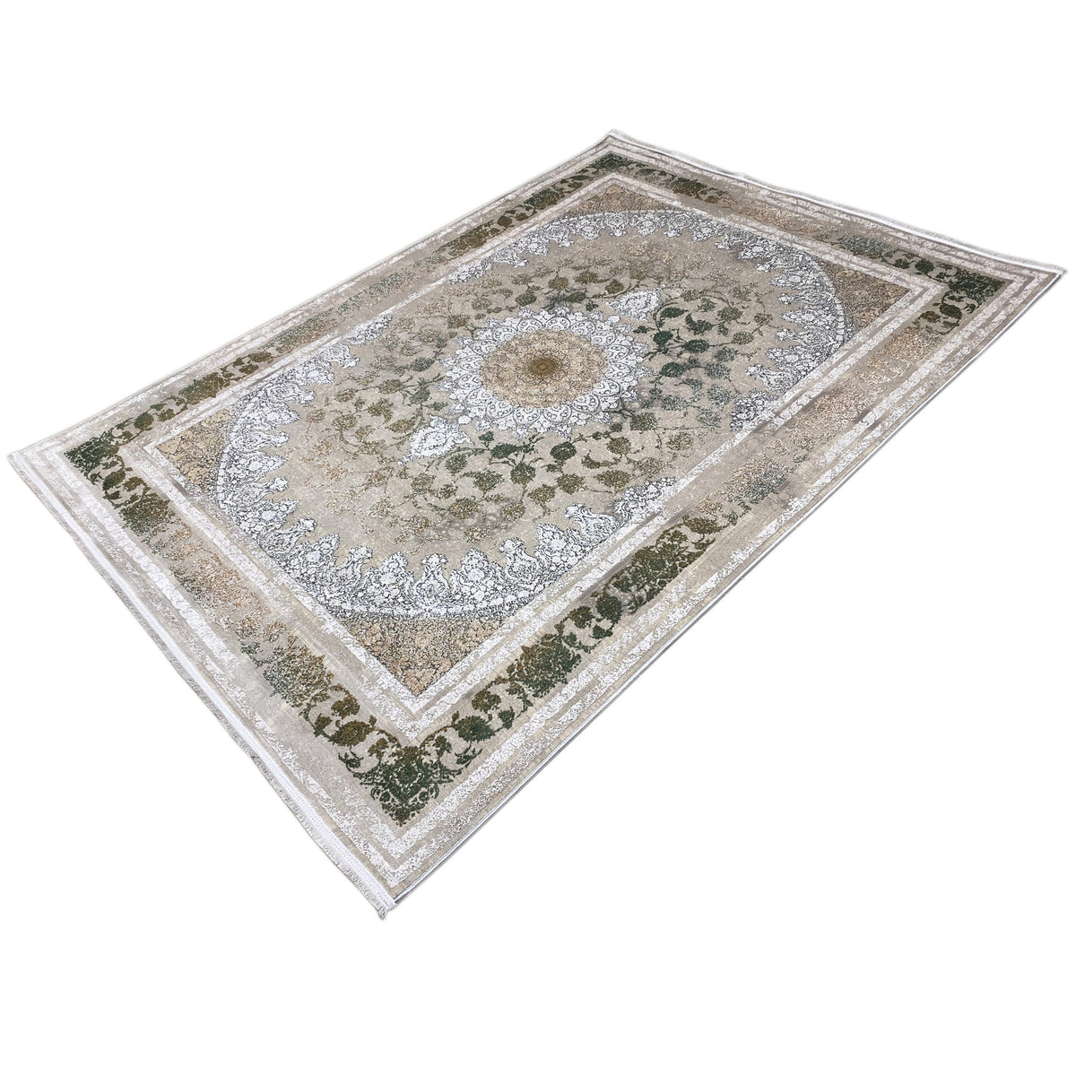 Teppich 170x240 cm, diagonale Gesamtansicht mit Medaillon, Rahmenornamenten und Grüntönen