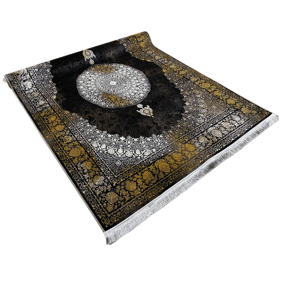 Teppich 170x240 cm mit schwarzem Kosmosmuster, silbernen Kreisen und goldenen Rändern