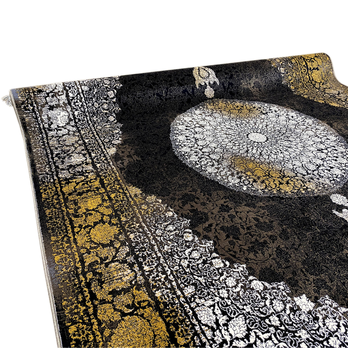 Teppich mit schwarzem Hintergrund, silbernes Kreisornament oben, goldene Bordüre