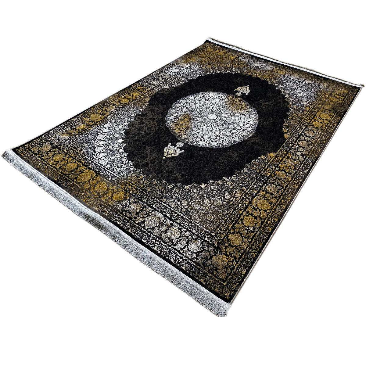Orientteppich 170x240 cm, diagonal gezeigt: schwarzer Innenkreis, silber-goldene Verzierungen
