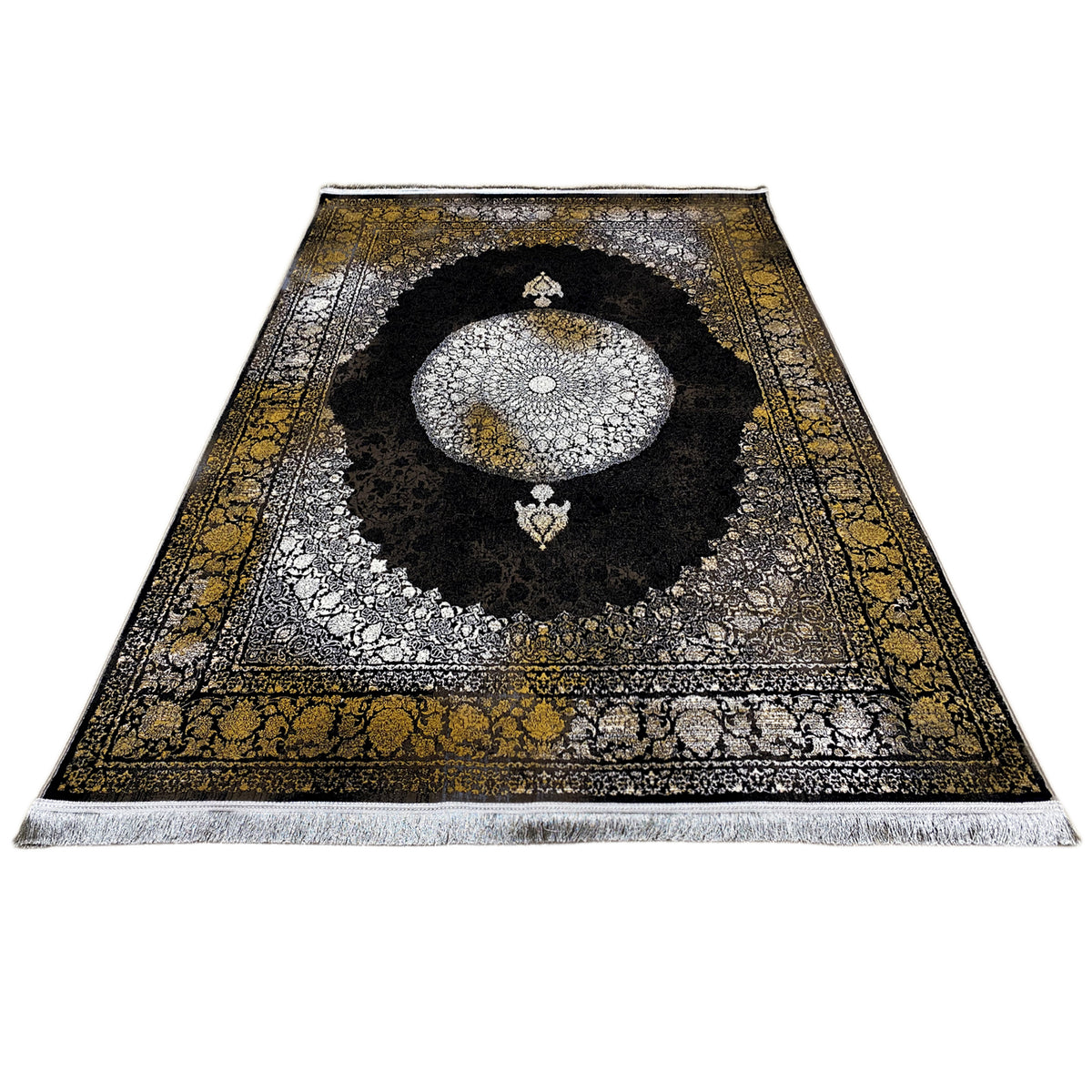Orientteppich 170x240 cm, Flächenansicht: schwarzer Mittelbereich, silberne Ornamente, Fransen