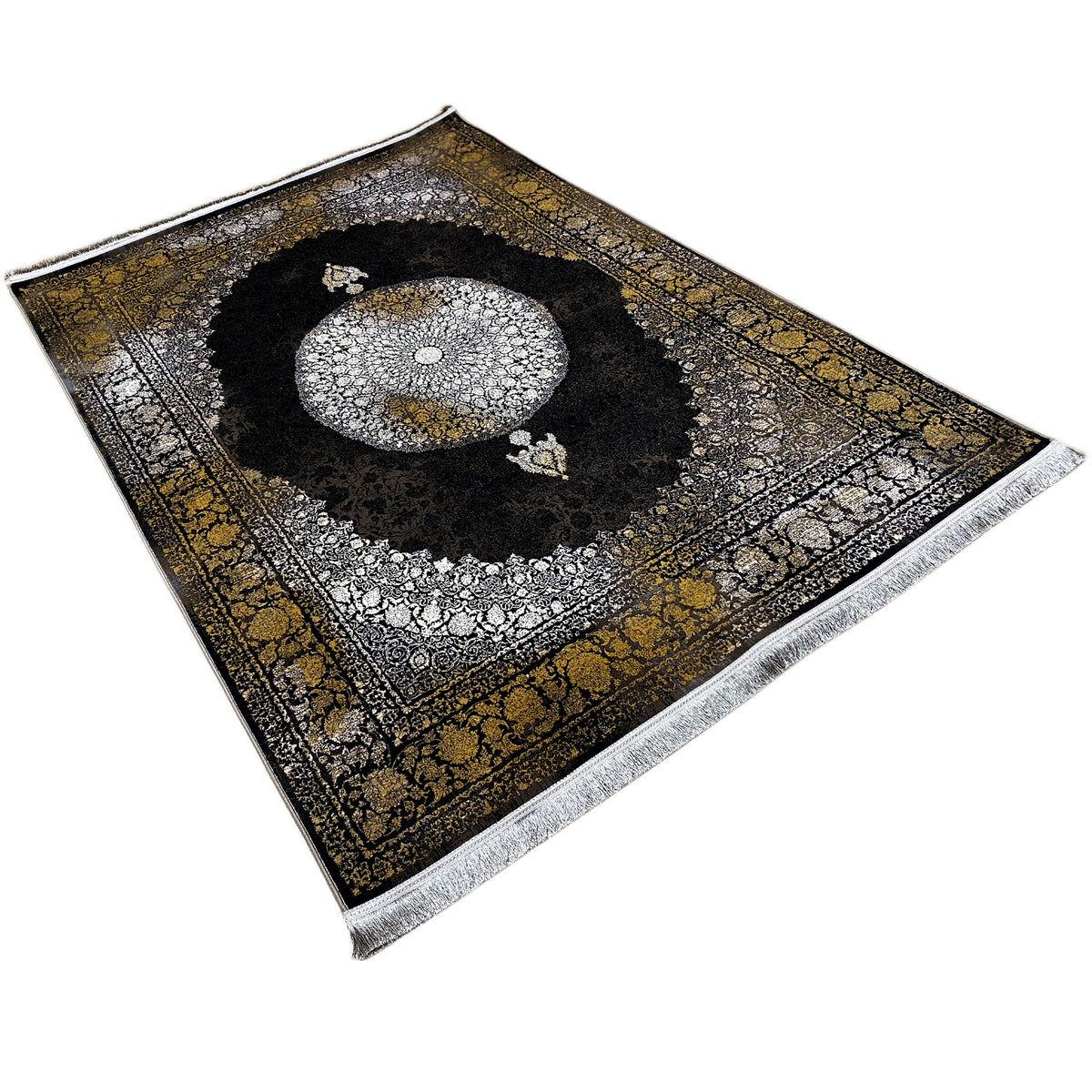 Orientteppich 170x240 cm schräg: schwarzer Innenkreis mit silbernem Medaillon und goldener Rahmung