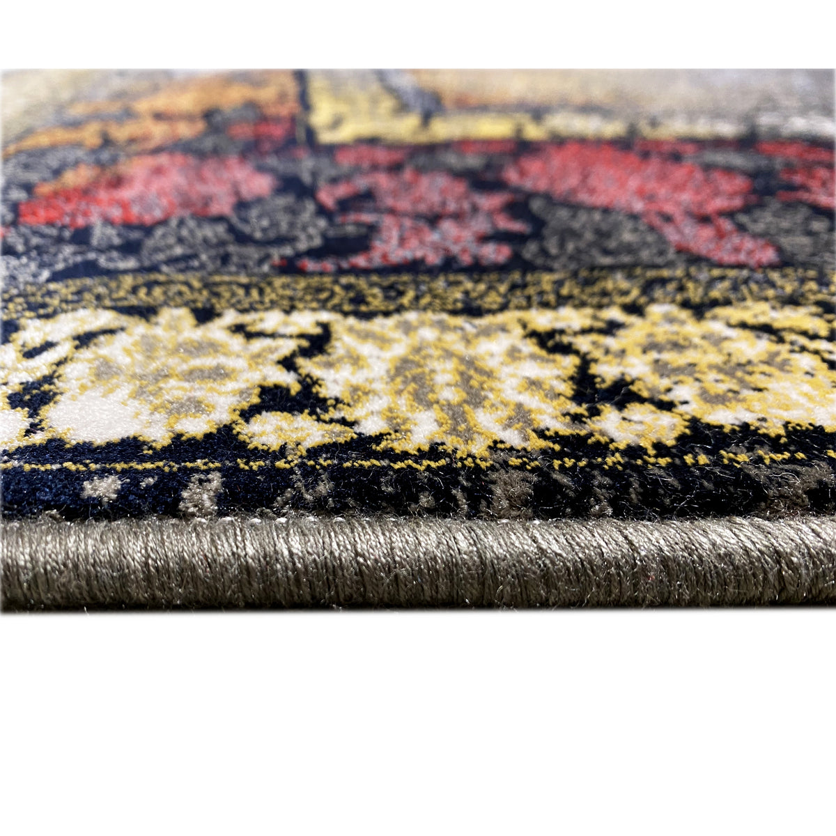 Teppichdetail 170x240 cm: silberner Fransenrand und dichter Flor in Dunkelblau, Goldornamenten