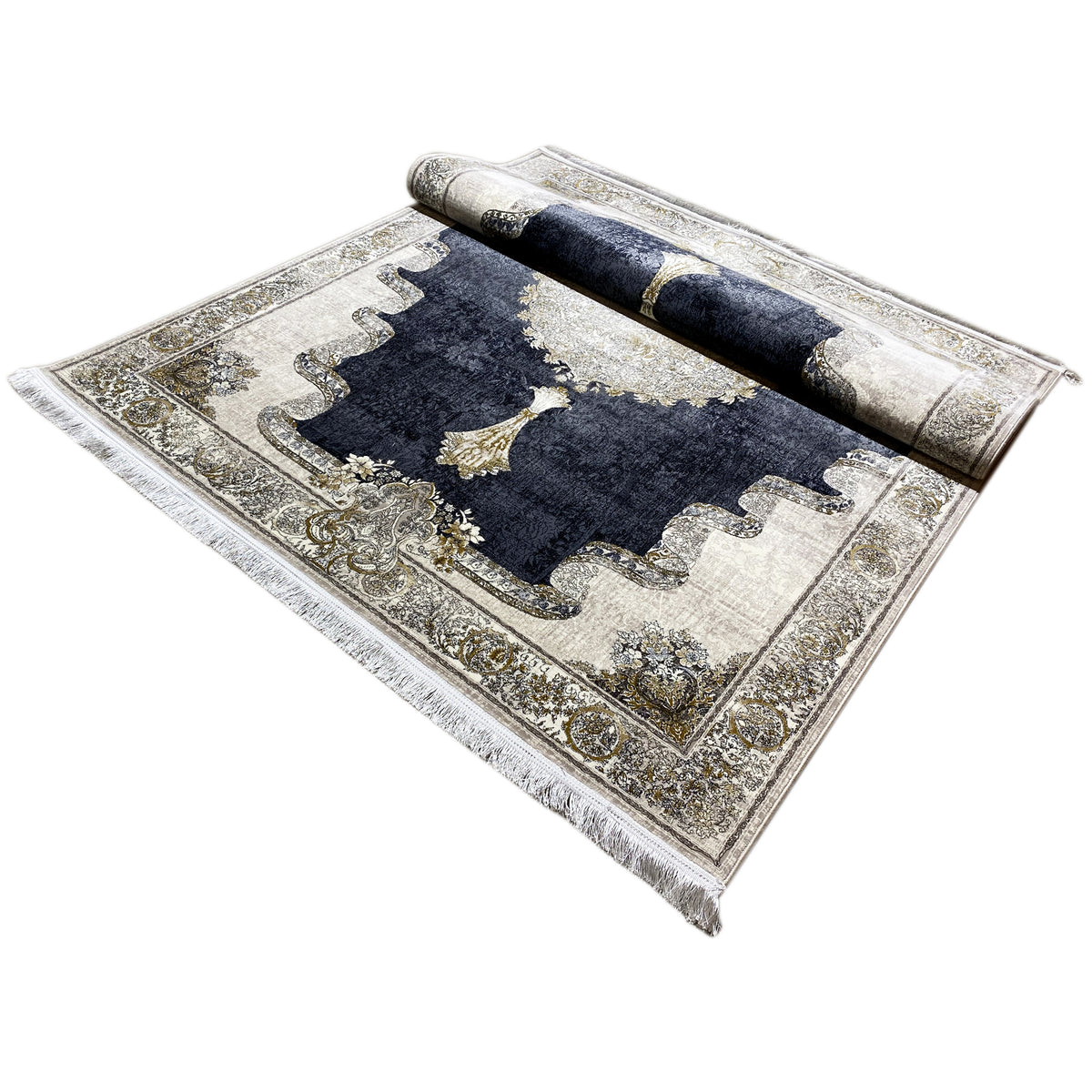 Teppich 170x240 cm Rück-/Seitenansicht: gerollte Kante, dunkelblau-silber mit Fransen