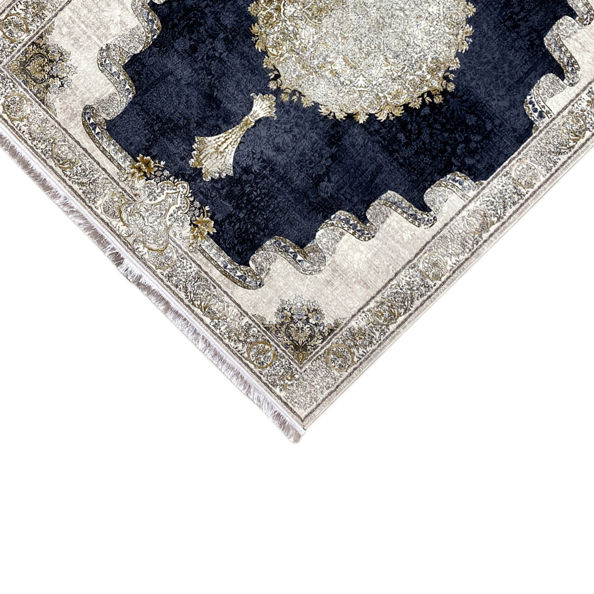 Teppich 170x240 cm Ecke mit Fransen und silber-goldener Ornamentbordüre