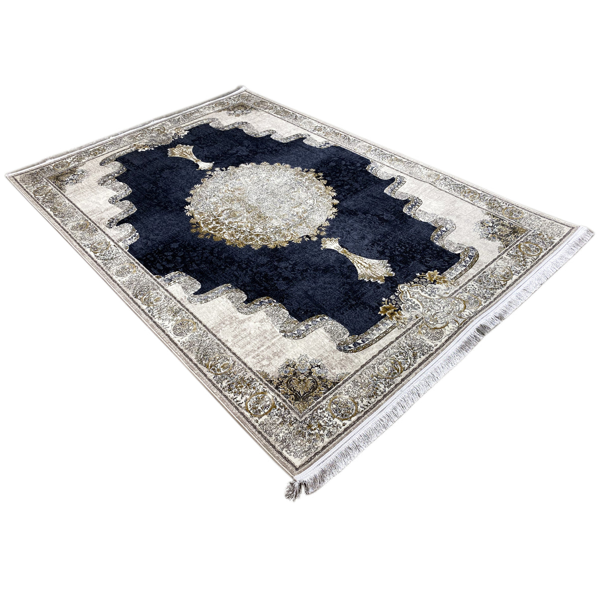 Teppich 170x240 cm mit dunkelblauem Muster, silber-goldenem Medaillon und Fransen