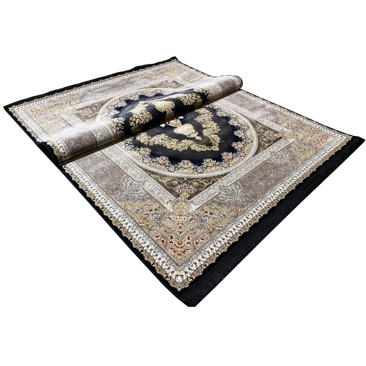 Teppich mit dunklem Zentrum, silber-goldener Bordüre und aufgerollter Optik