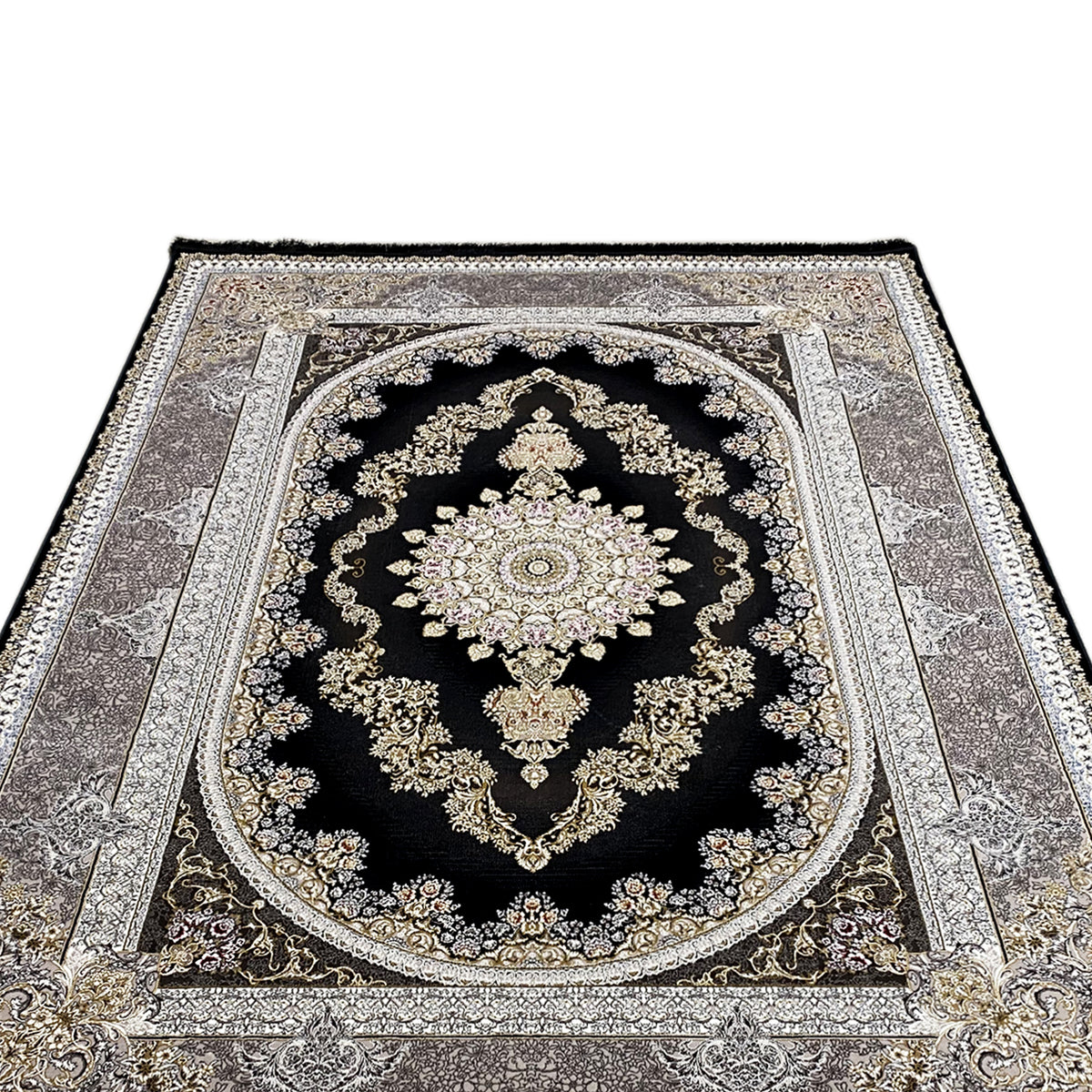 Teppich mit orientalischem Medaillonmuster, schwarz mit silbergrauer Zierkante