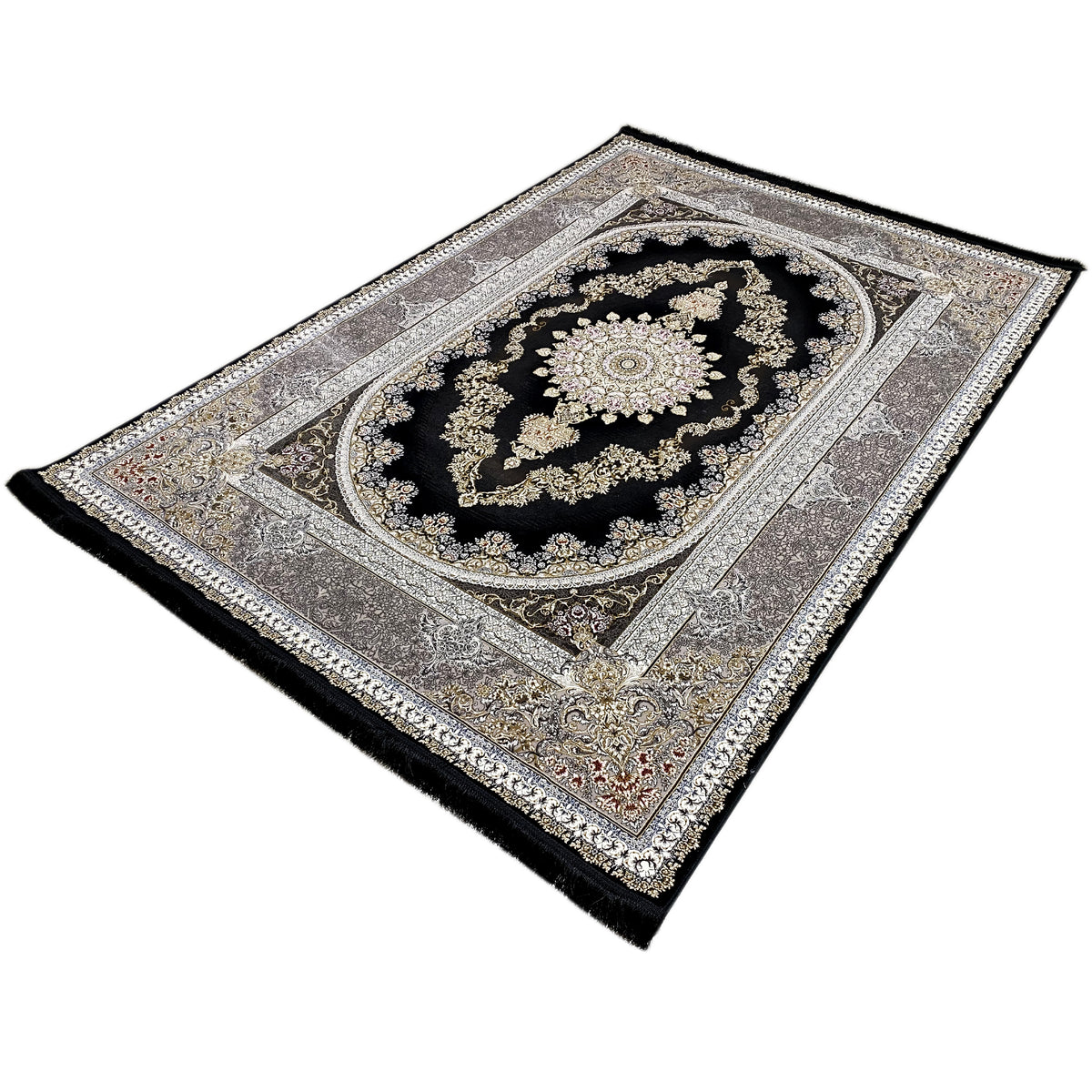 Rechteckiger Teppich mit Bordüren und Medaillon, schwarz-grau mit goldfarbenem Ornament