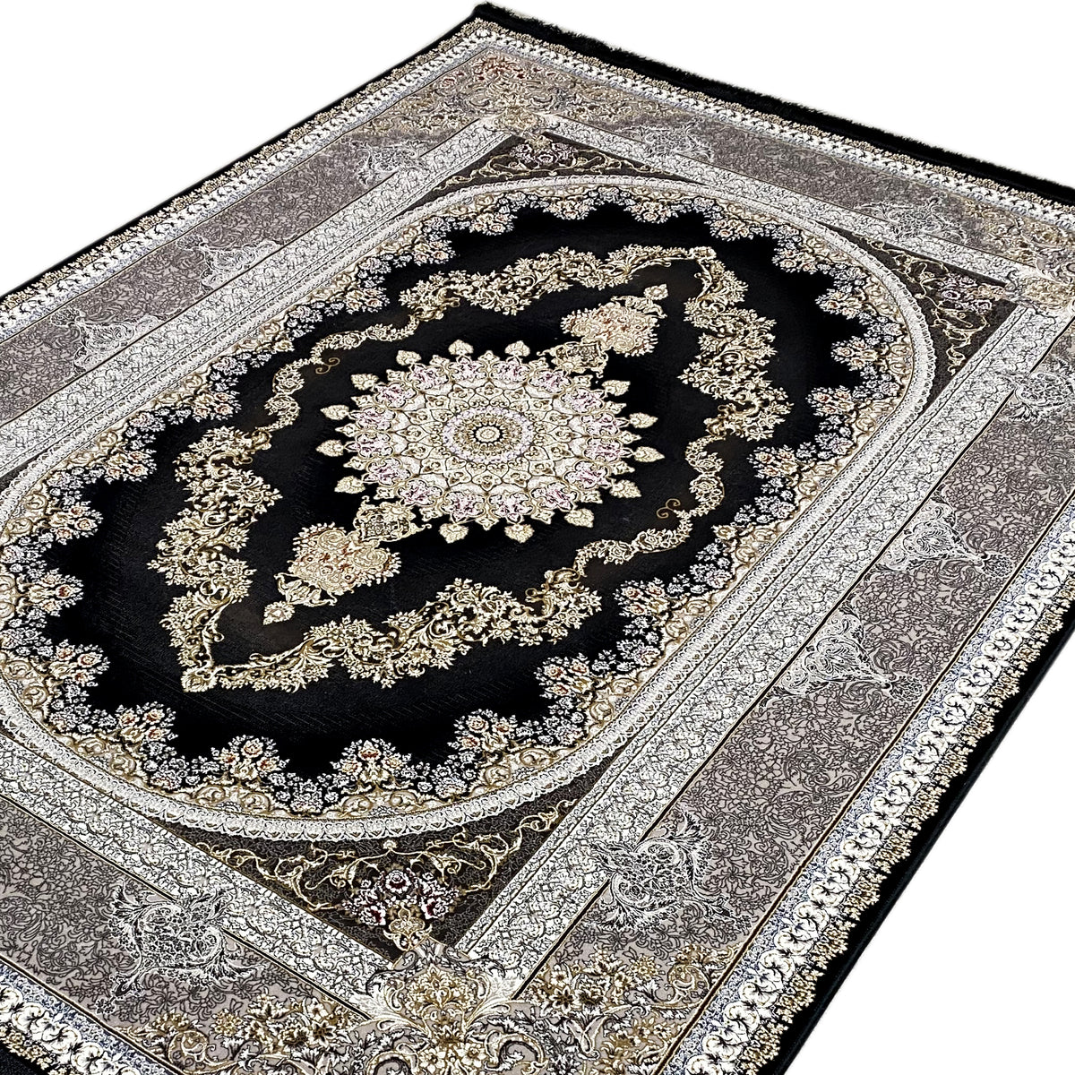 Teppich in Rechteckform mit großem Ornamentmedaillon, schwarz mit silbergrauem Rahmen
