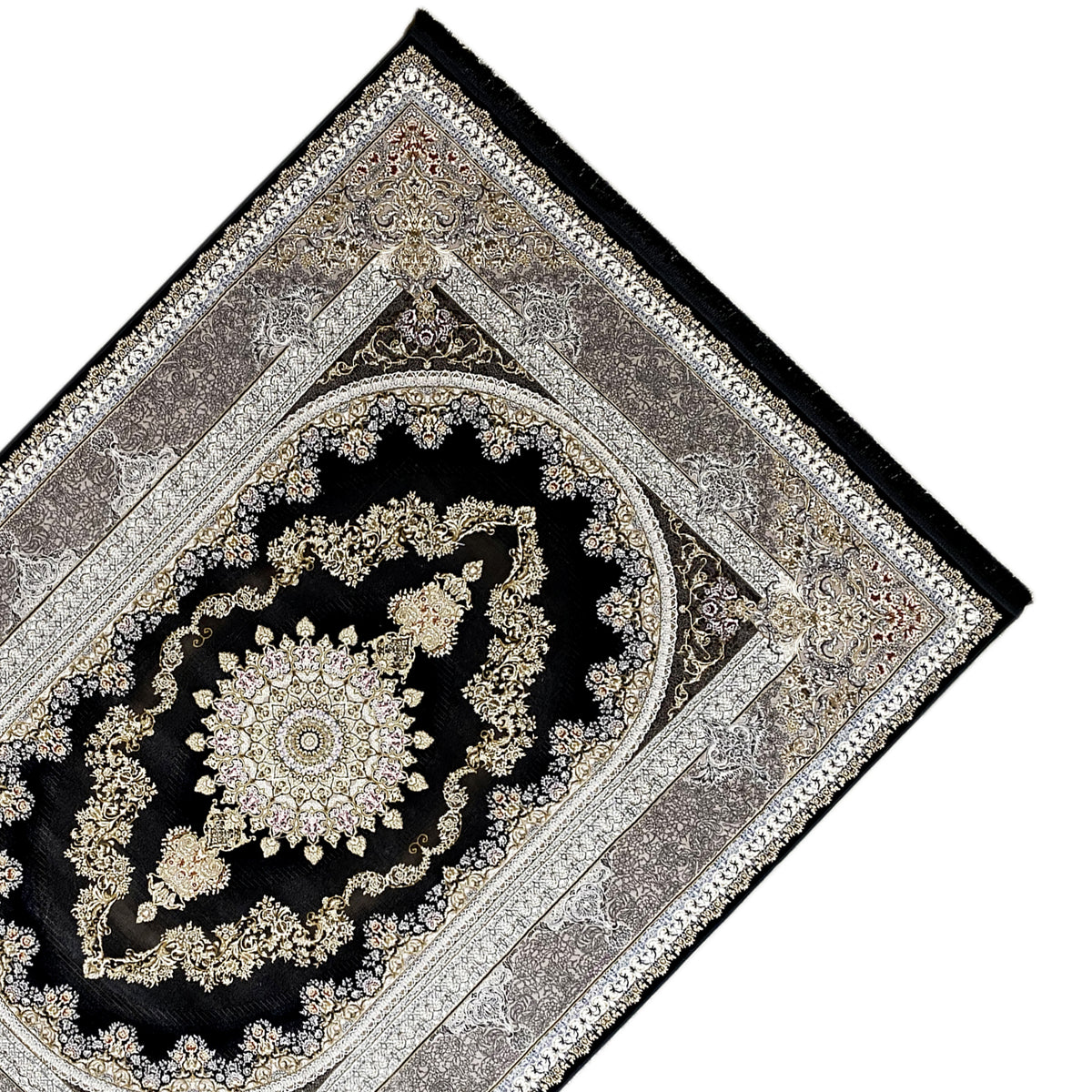 Teppich mit Vintage-Rand und Medaillon, schwarz, silbergrau und goldfarben