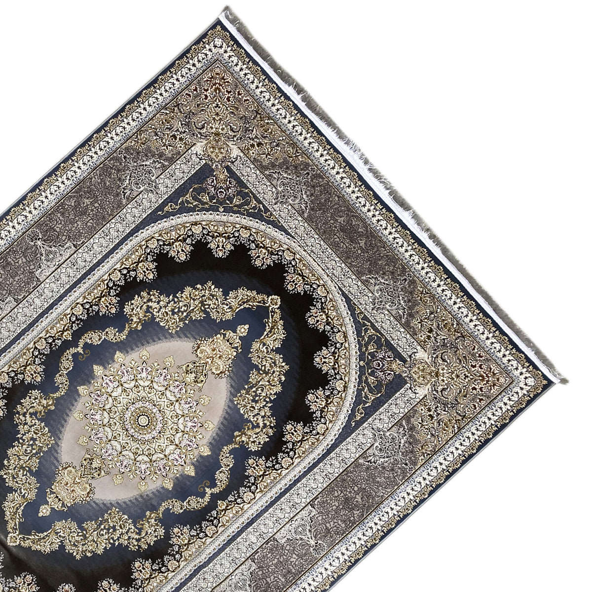 Orientteppich 170x240 cm, diagonale Ansicht mit Medaillon und geprägten Zierbordüren in Gold