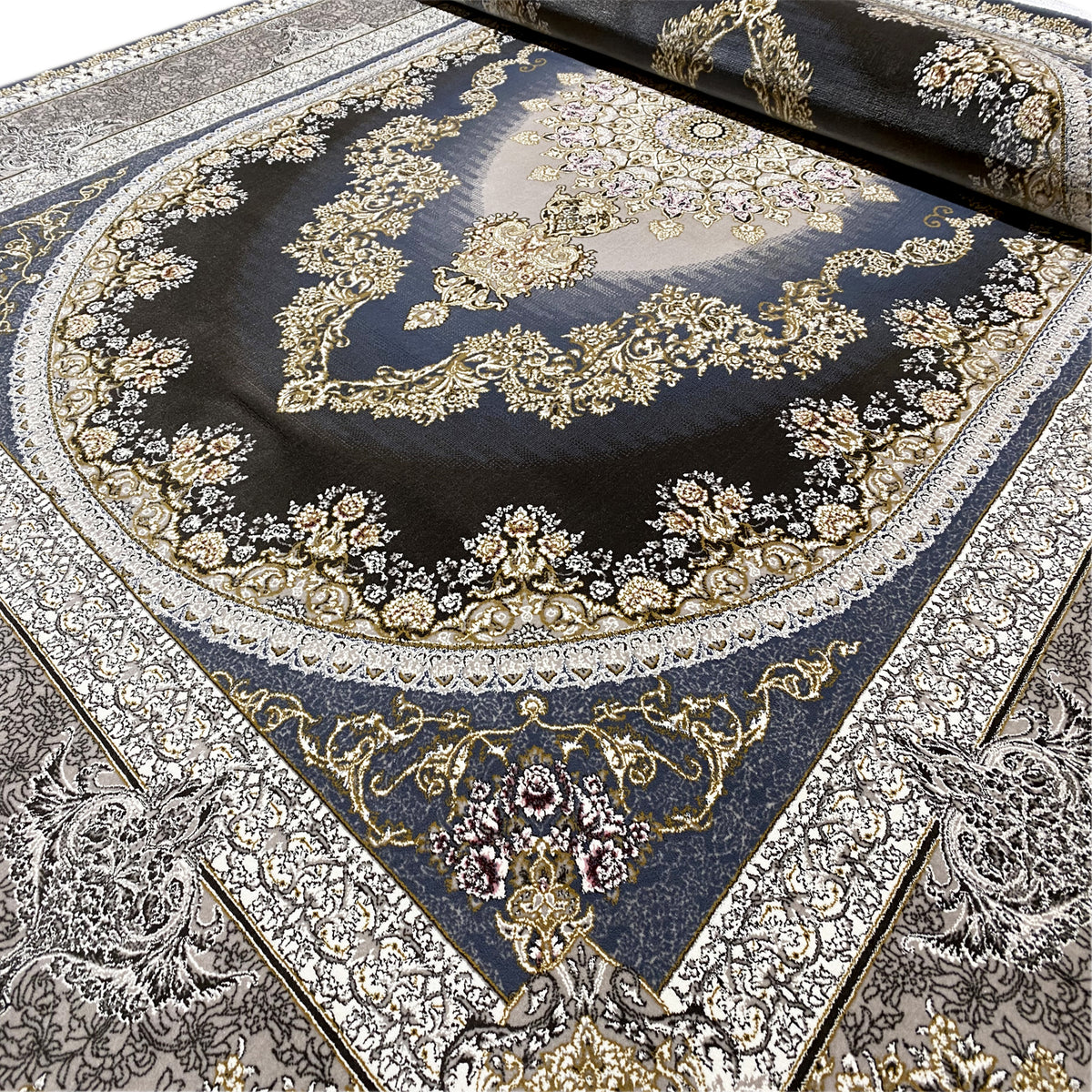 Teppich 170x240 cm mit dunkelblauem Medaillon, goldverzierten Barockmotiven und Bordüre