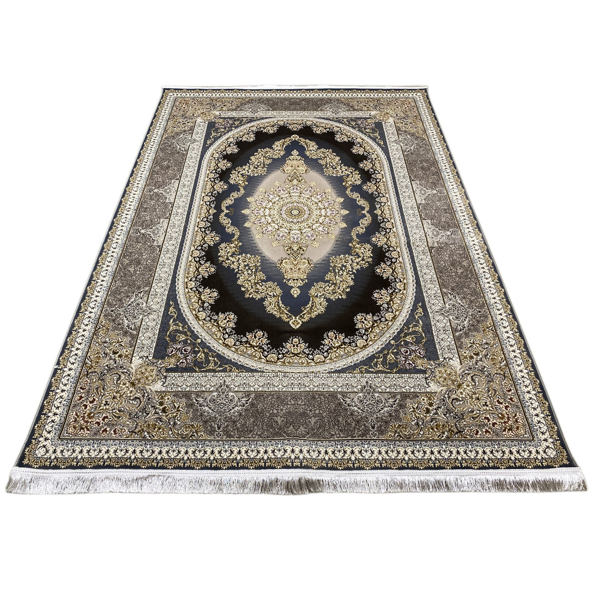 Orientteppich 170x240 cm mit gerahmtem Medaillon in Dunkelblau, gold-silbernem Ornamentrand
