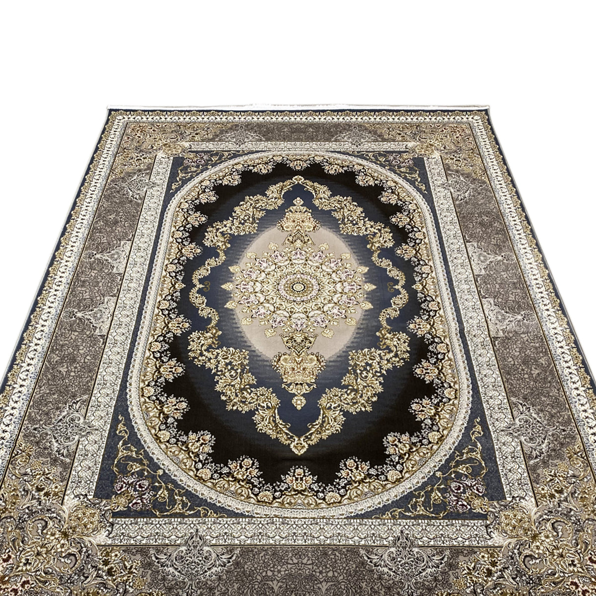 Orientteppich 170x240 cm frontal: rundes Medaillon, dunkelblauer Hintergrund, goldene Verzierungen