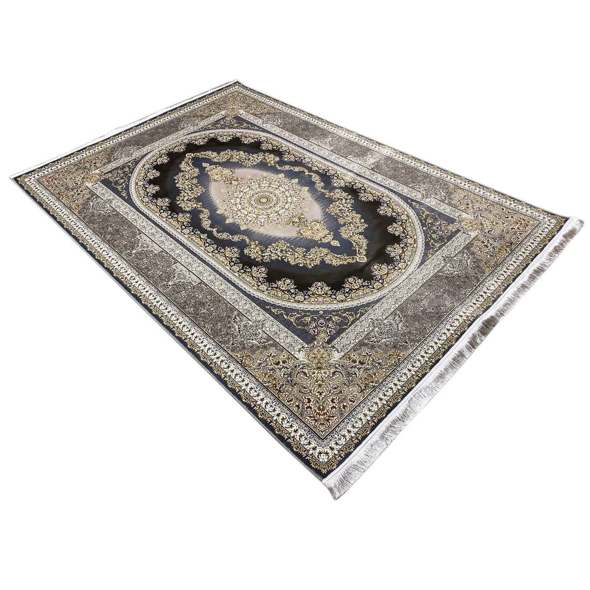 Orientteppich 170x240 cm schräg: Medaillon in Dunkelblau, goldene Muster, silberne Zierlinien, Fransen