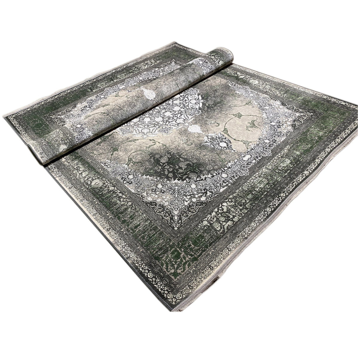 Teppich 170x240 cm mit Ornamentrahmen und gerollter Kante in Grau/Grün/Weiß