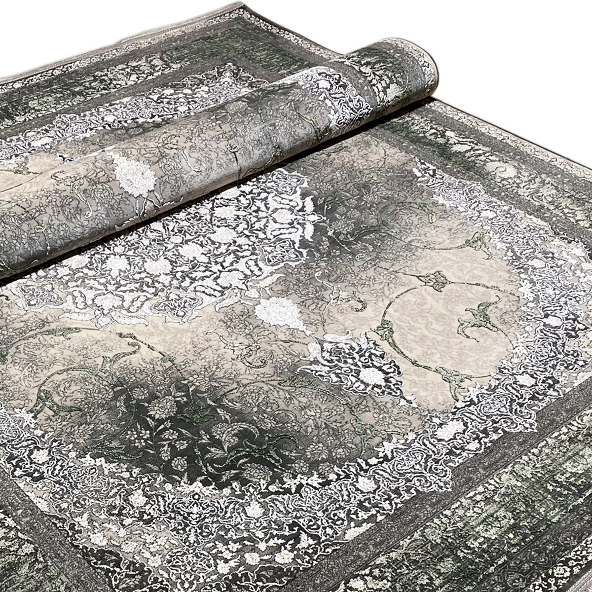 Teppich 170x240 cm mit eingerollter Bordüre und filigranen Ornamenten in Grau/Grün
