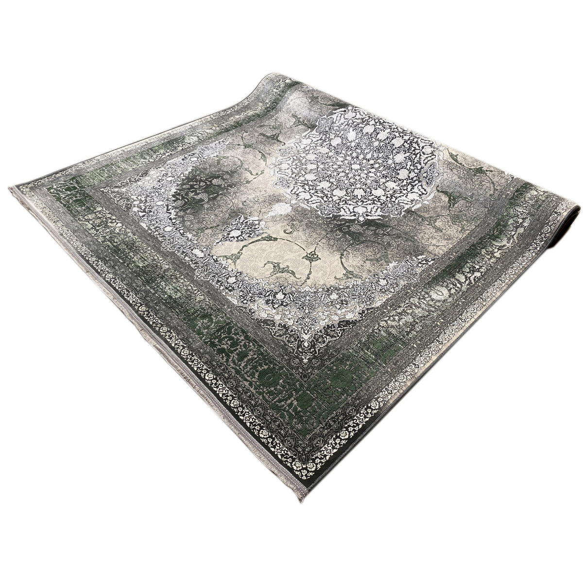 Teppich 170x240 cm flach liegend: Zierbordüre und zentrales Medaillon in Grau/Grün