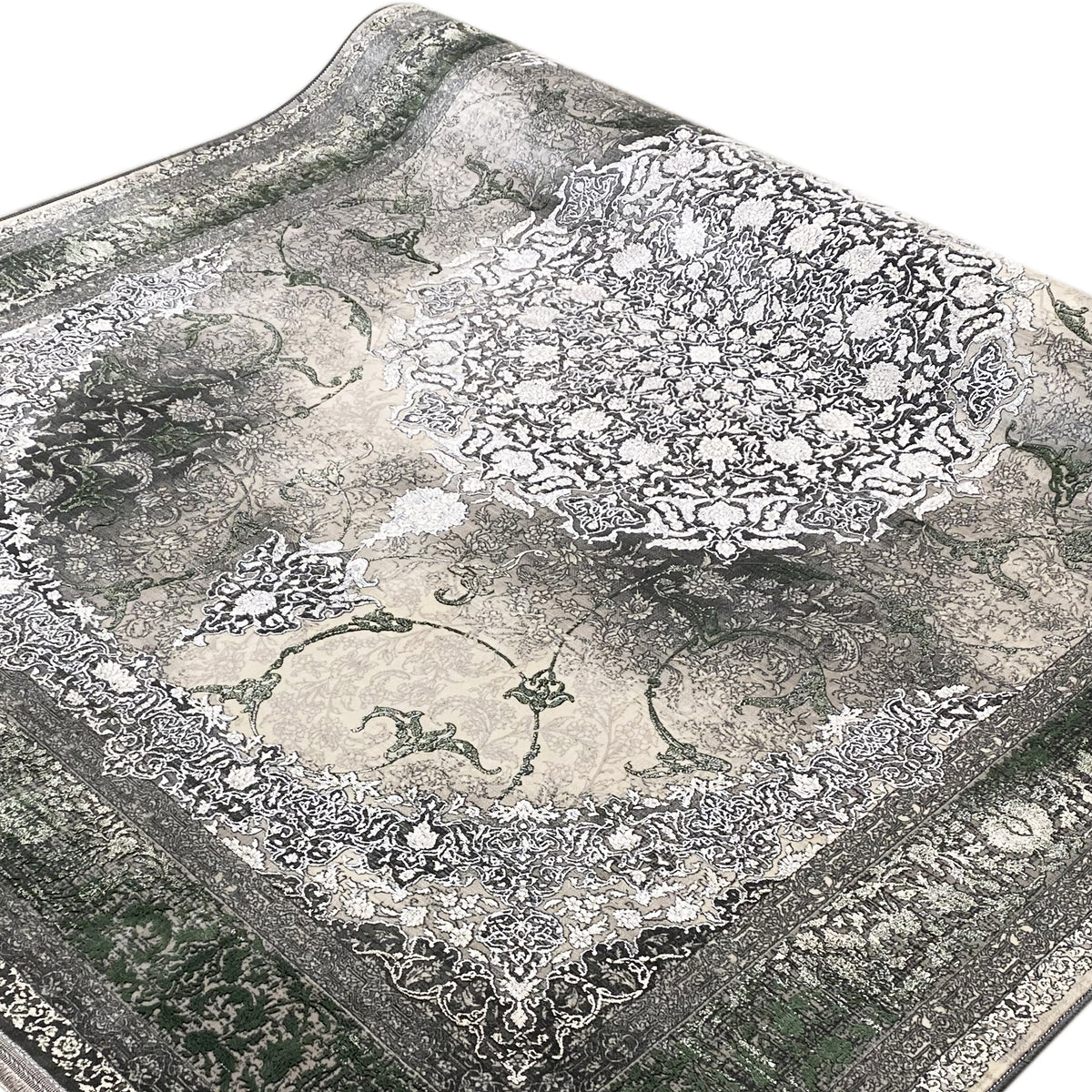 Teppich 170x240 cm mit großem Medaillon und dichtem Ornamentmuster in Grau und Grün