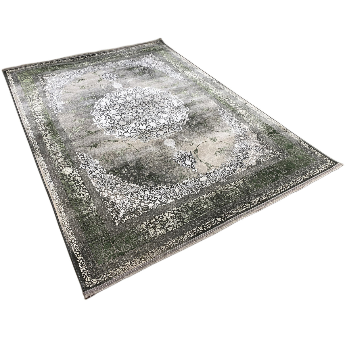 Waldgeist Teppich 170x240 cm breit liegend: dunkelgrüner Flor, creme Ornamente im Innenfeld