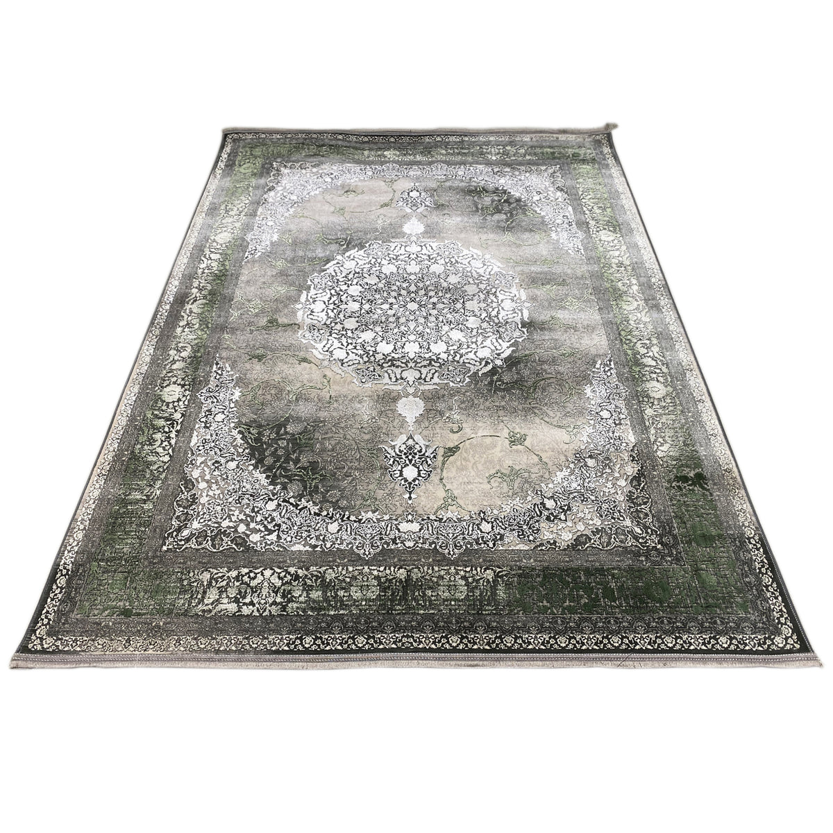 Waldgeist Teppich 170x240 cm frontal: ornamentales Zentralmuster in Creme, dunkler Außenrand