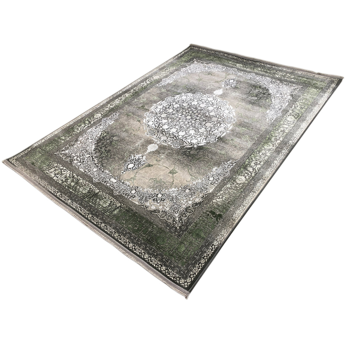 Waldgeist Teppich 170x240 cm schräg: creme Medaillon, dunkelgrüner Hintergrund, dekorative Kanten