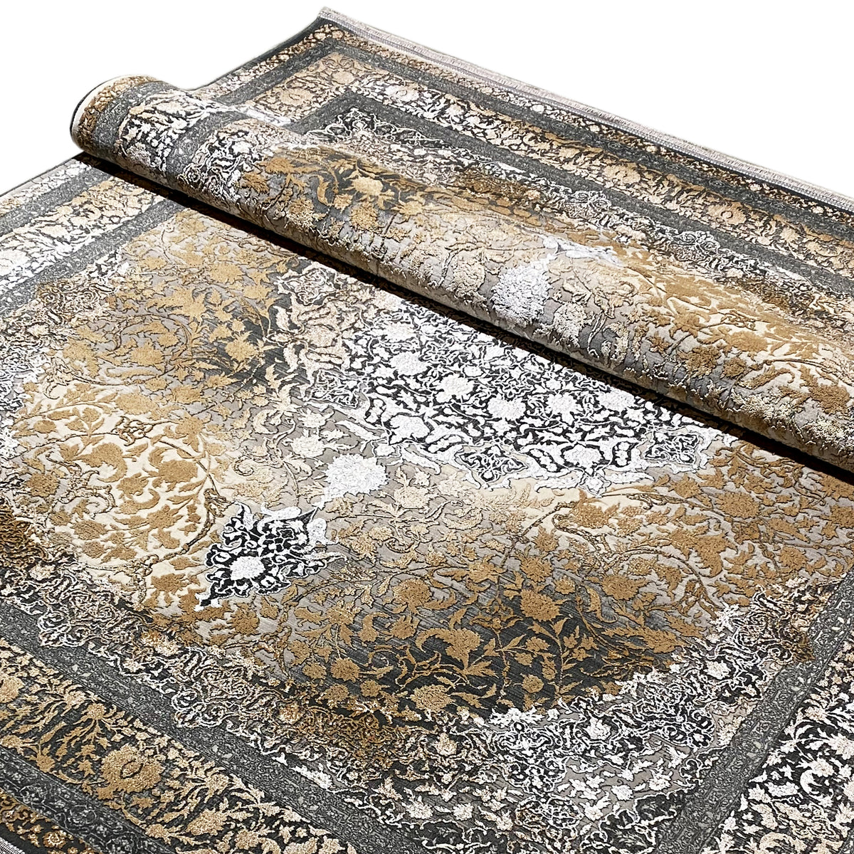 Rauchgold Teppich 170x240 cm, Detailansicht, Paisley- und Rankenmuster in Gold und Grau