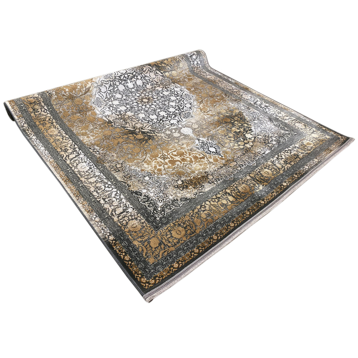 Rauchgold Teppich 170x240 cm, flachliegend mit Zierbordüre, gold-grau-schwarz gemustert