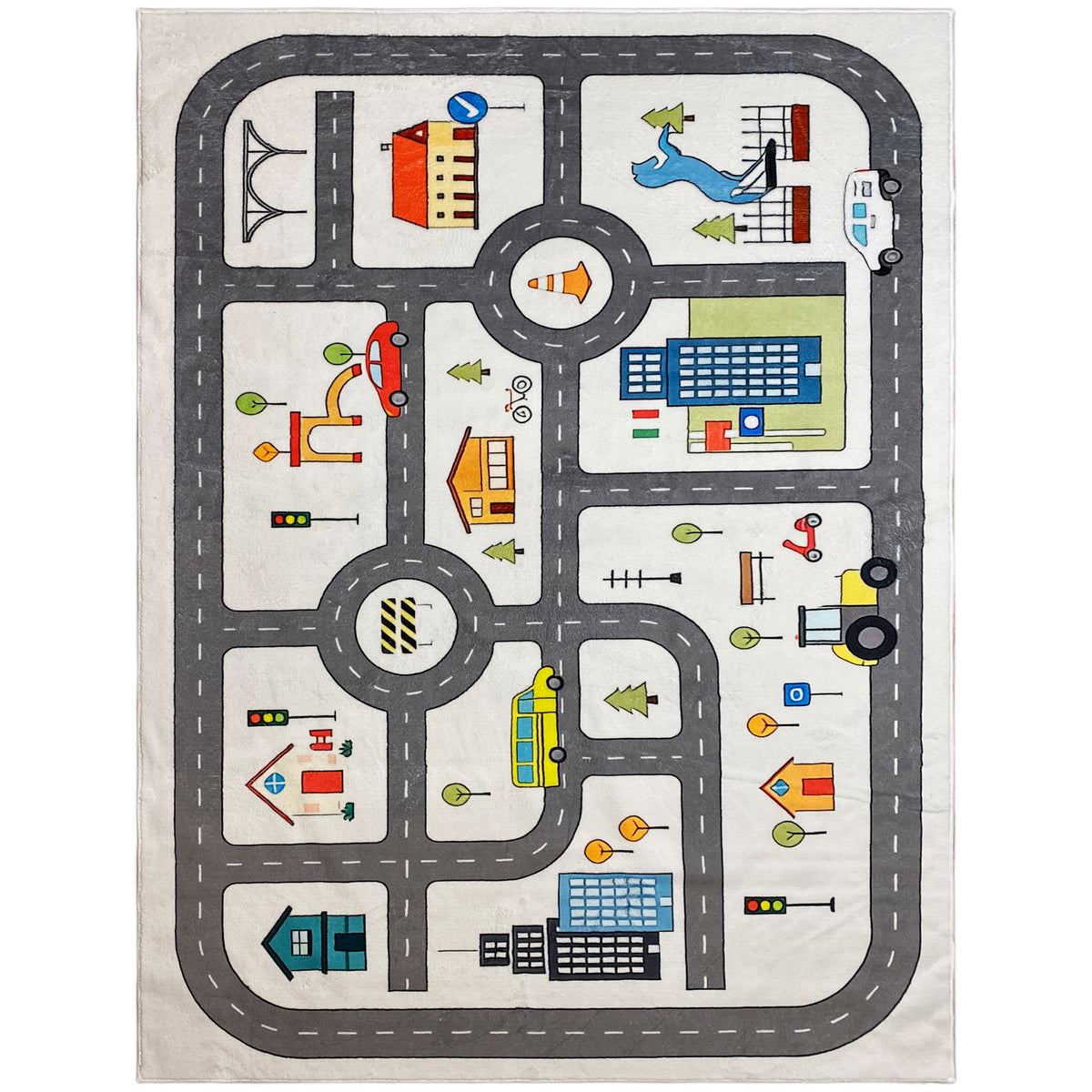 Kinderteppich mit Straßen-Layout, Kreisverkehr, Ampeln und bunten Gebäuden auf grauem Grund.
