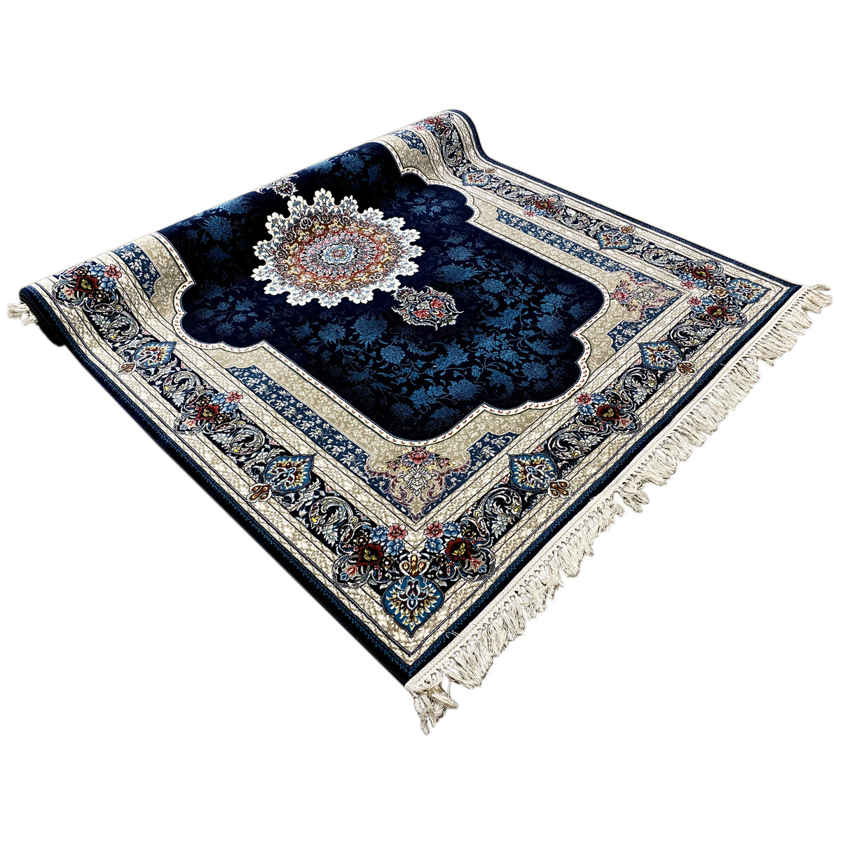 Marineblauer Teppich mit ornamentalem Muster, floralem Rand und Fransen