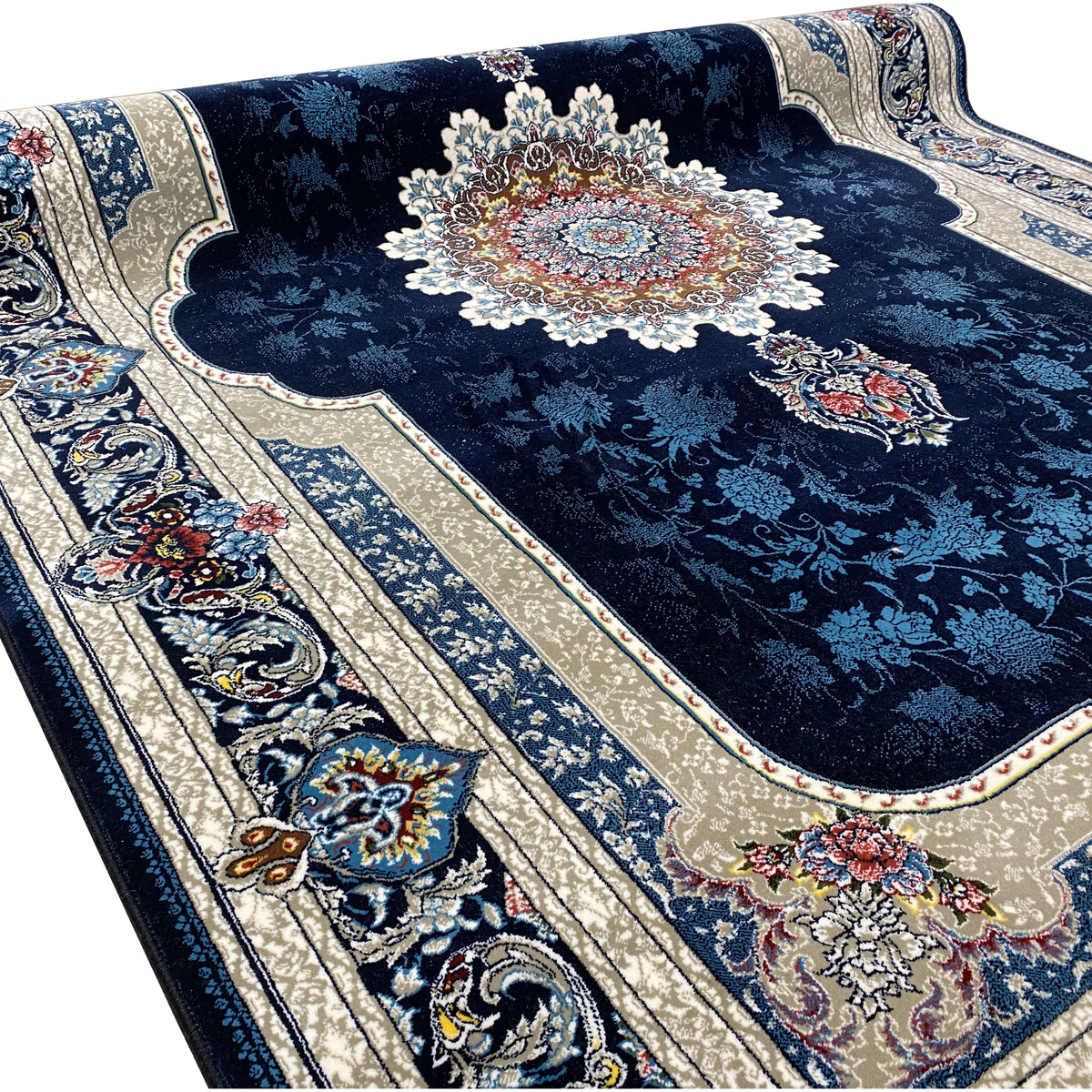 Marineblauer Teppich mit Fransen, breiten Zierstreifen und floralen Ornamenten