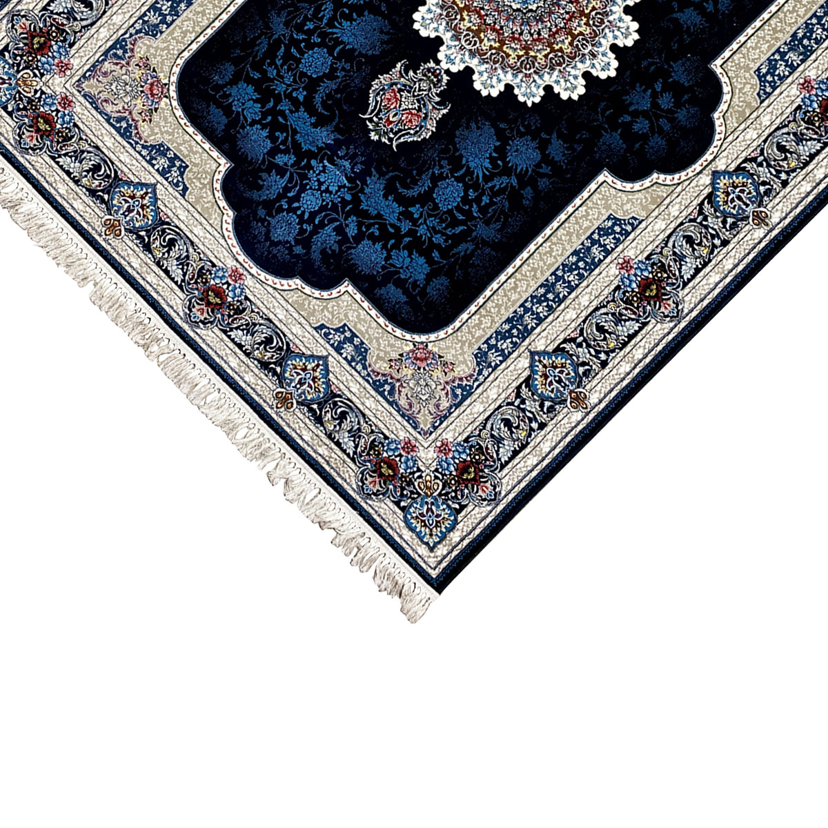 Orientteppich-Ecke in Marineblau mit hellem Musterband und Fransen