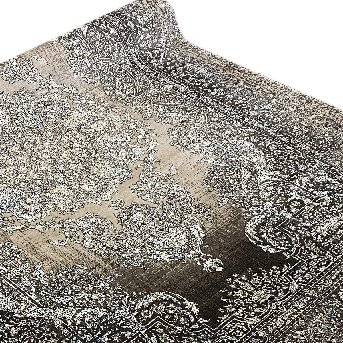 Beiger Teppich mit silbernen und schwarzen Ornamenten, feiner Detailstruktur
