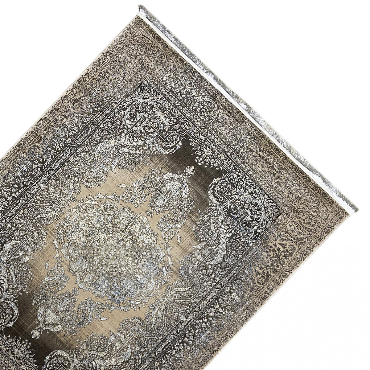 Teppich-Ecke 170x240 cm mit silbernem Ornamentmuster und dunklem Rand, mit Fransen