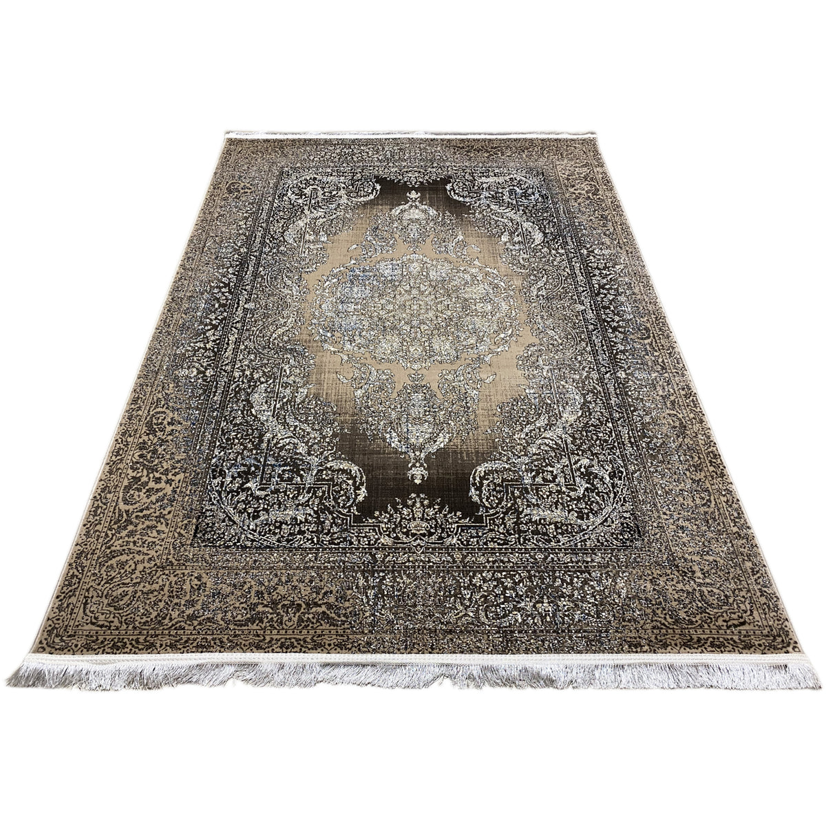 Teppich 170x240 cm von vorn, silbernes Medaillon mit dunklen Ecken, Fransen