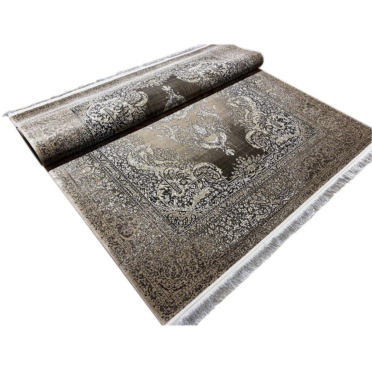 Teppich mit Medaillonmuster in Antik-Silber und dunklem Grund, mit Fransen