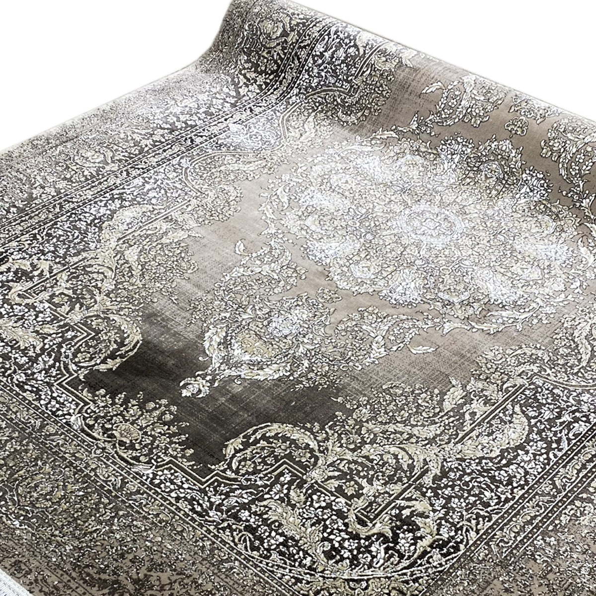 Teppich mit großen Medaillons und filigranen Ornamenten, silbergrau auf dunklem Grund
