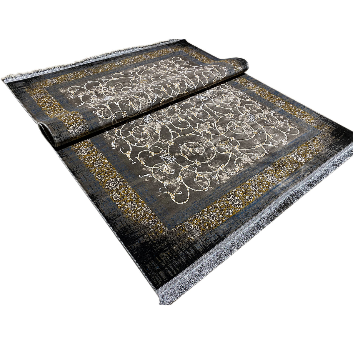 Dunkler Teppich 170x240 cm mit goldener Zierbordüre und silbernem Ornamentmuster