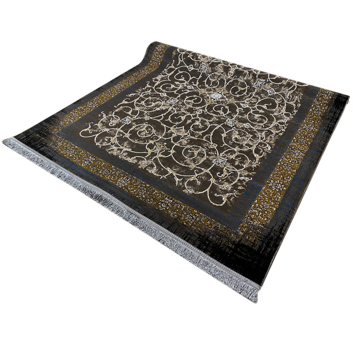 Dunkler Teppich 170x240 cm, rechteckig, mit silbernem Barock-Ornament und goldener Kante