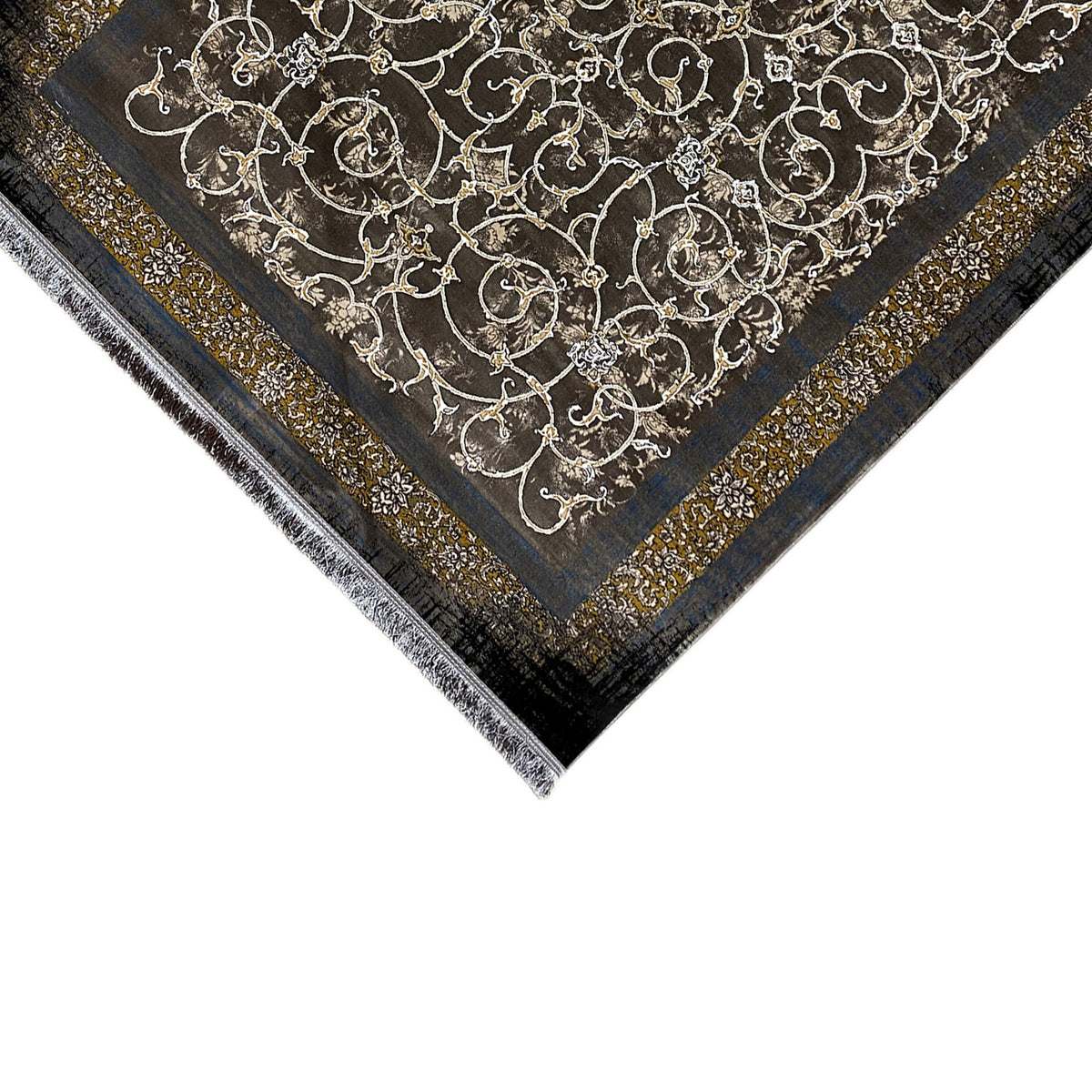 Dunkler Teppich mit goldener Rankenornamentik, 170x240 cm, dunkler Saum