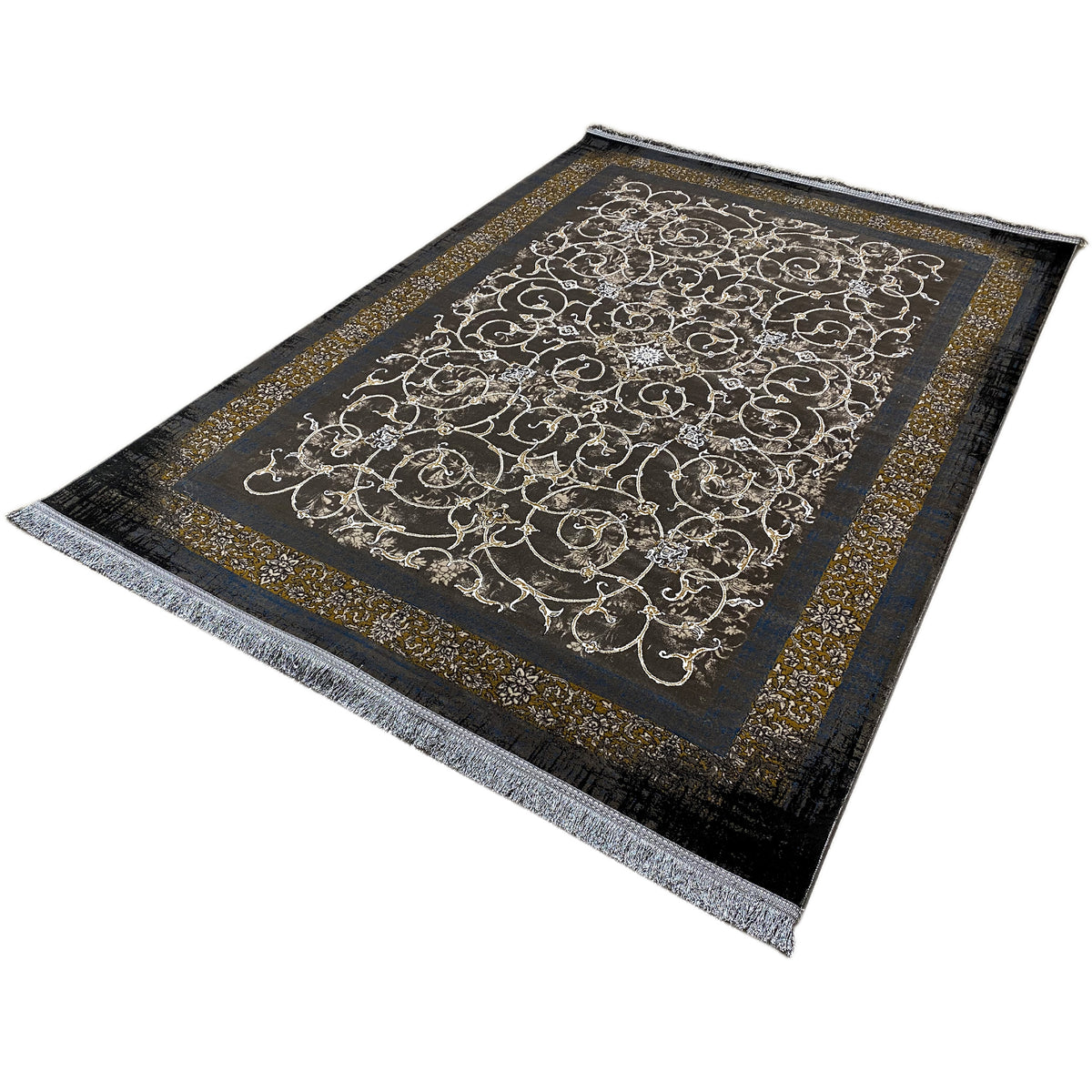 Rechteckiger dunkler Teppich 170x240 cm mit goldfarbenem Rankenornament und Bordüre