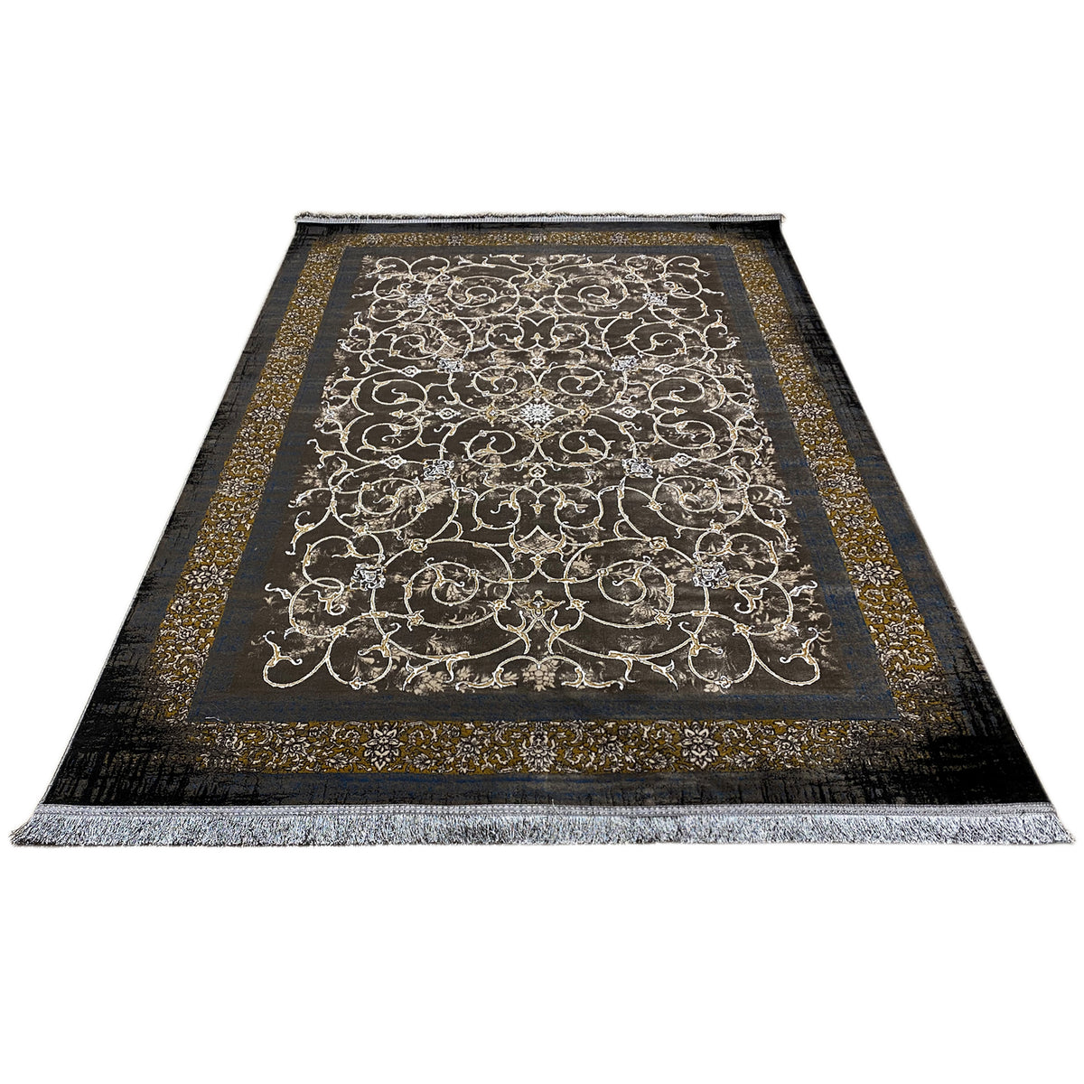 Dunkler Teppich 170x240 cm mit floraler Ornamentik und goldfarbenem Rahmen