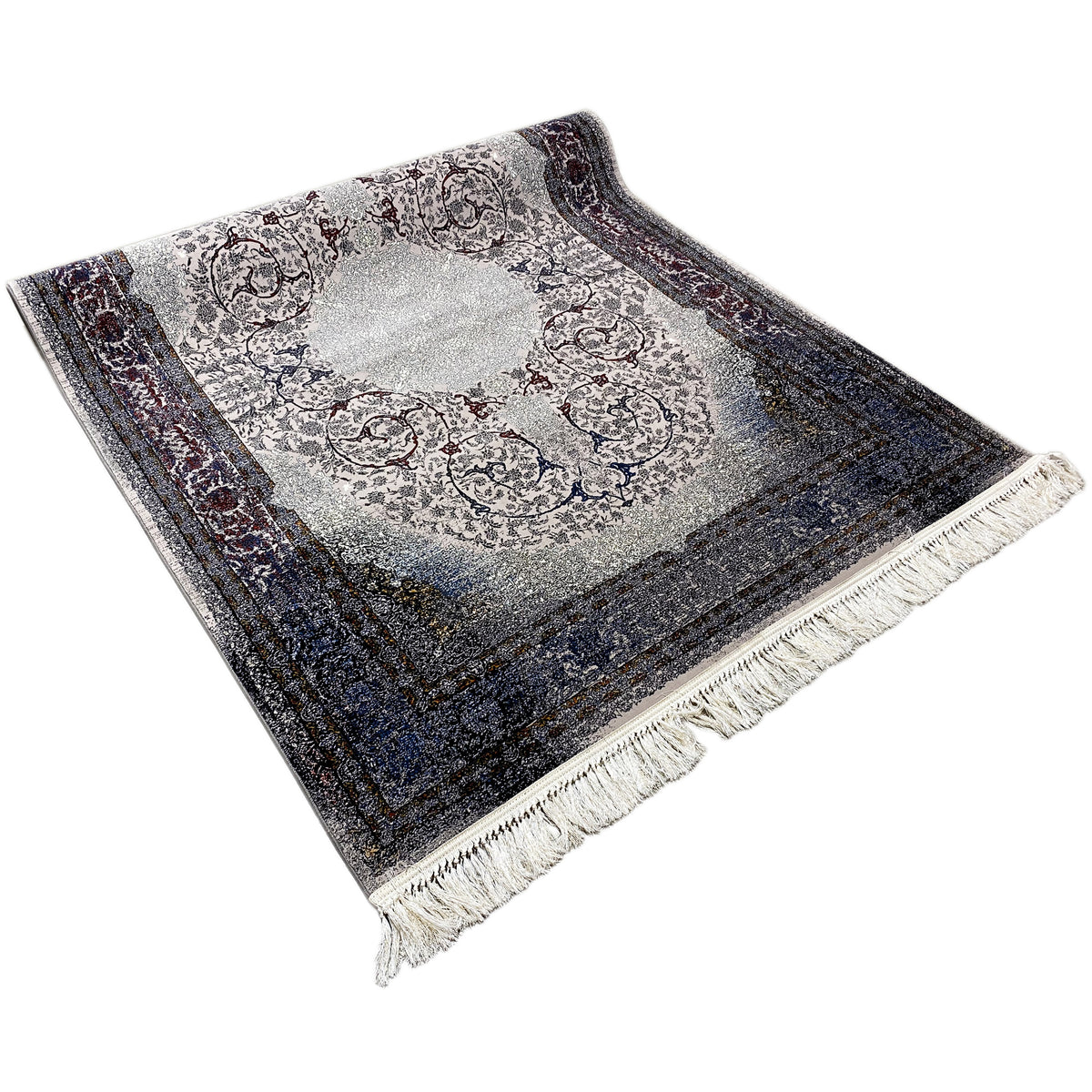 Teppich Sofia 160x230 cm, Seitenansicht; helles Medaillon, dunkelblauer Hintergrund, Fransen