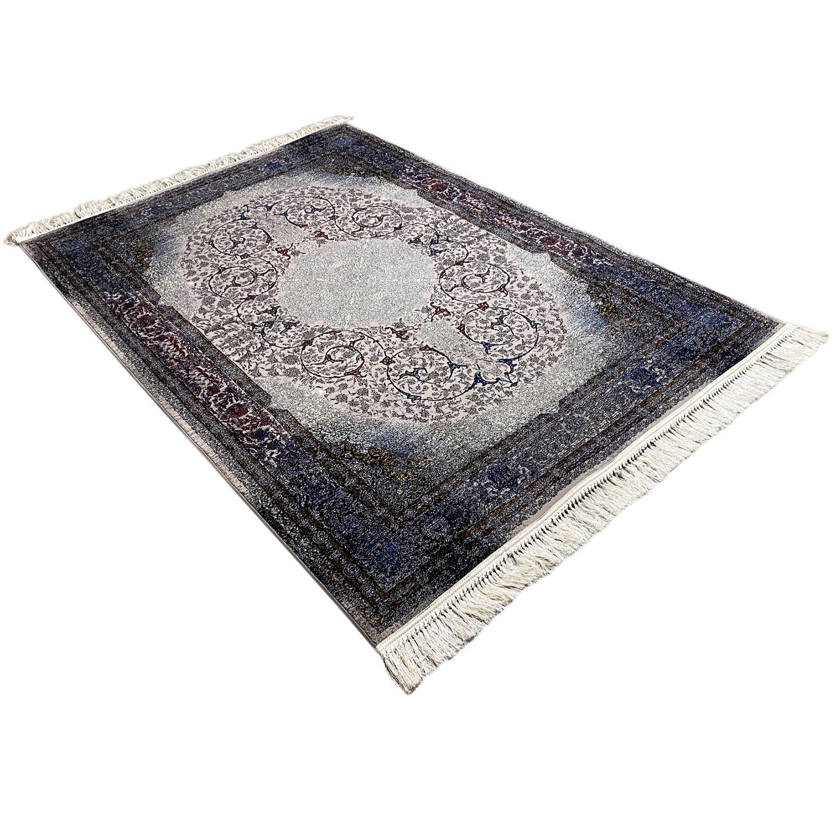 Teppich Sofia 160x230 cm, schräg von oben; Medaillon, dunkelblaue Umrandung, Fransen